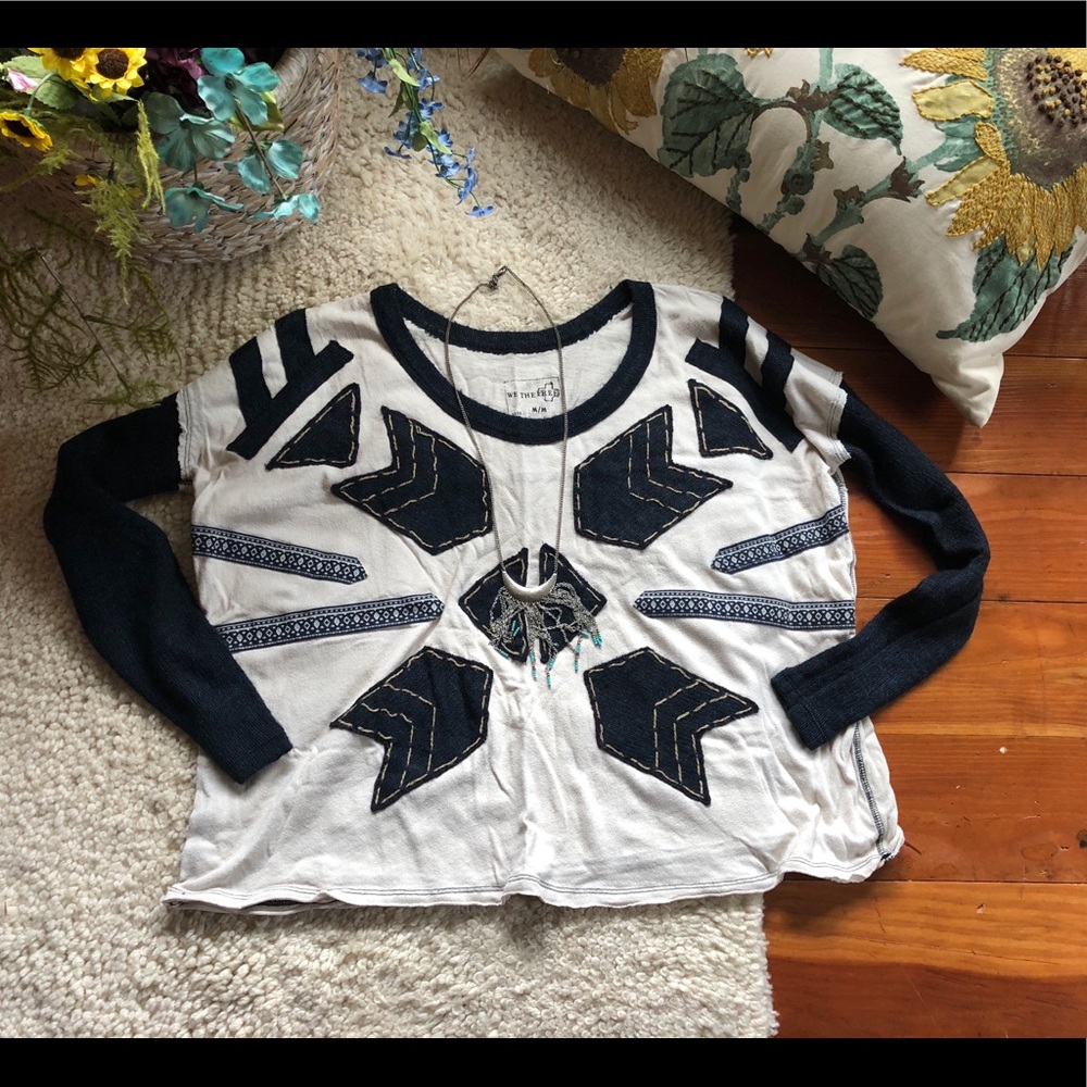 Free People M boho patchwork Henley long sleeve